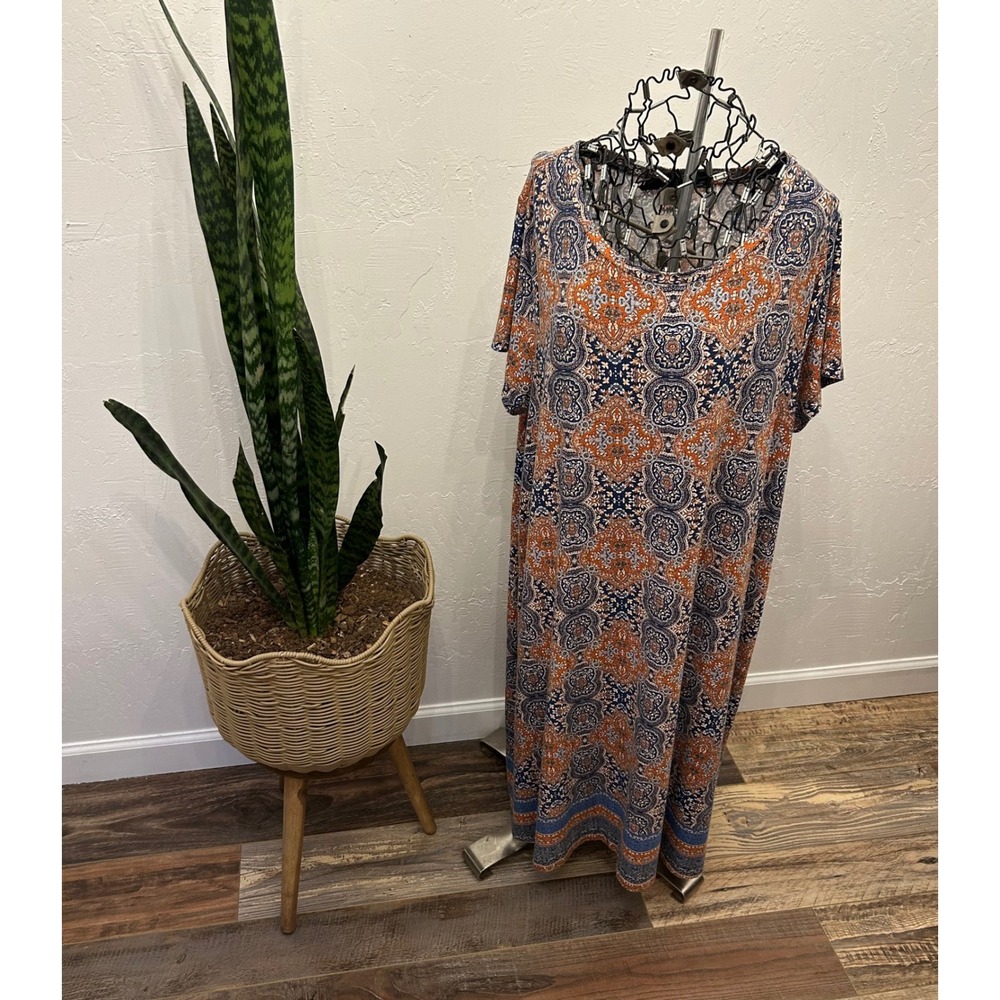 Cynthia Rowley Woman Orange Navy Medallion Paisley T-Shirt Midi Dress 1X Plus